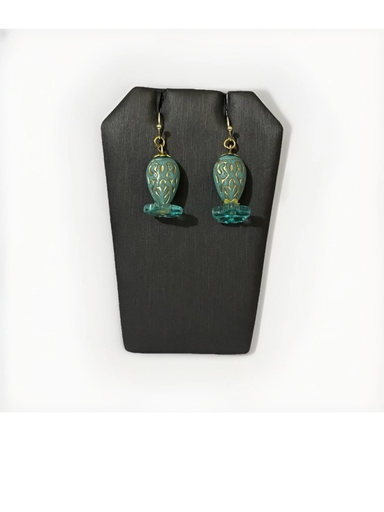 Hand Crafted Jewelry - Artisan Handmade Aqua Teal Bead Boho Earrings Gold Filigree Etched Floral